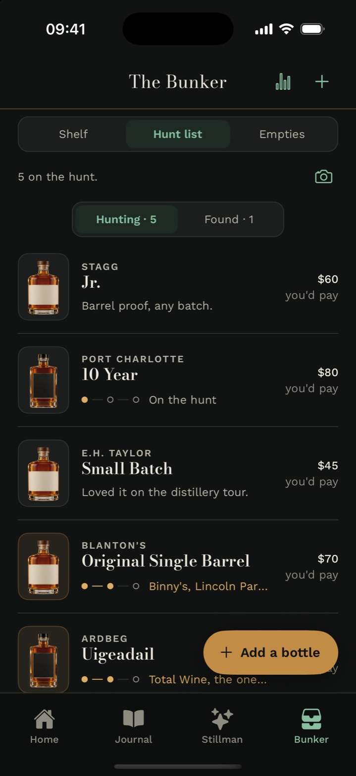 The hunt list in Cask & Note: bottles you are chasing with the price you would pay and where you last saw them.