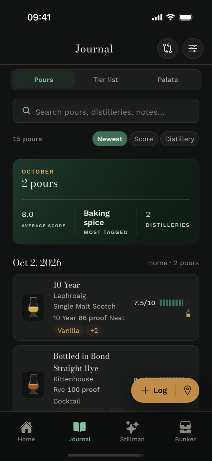 The Cask & Note journal: a month summary, a search box and your pours, with Pours, Tier list and Palate switches at the top.