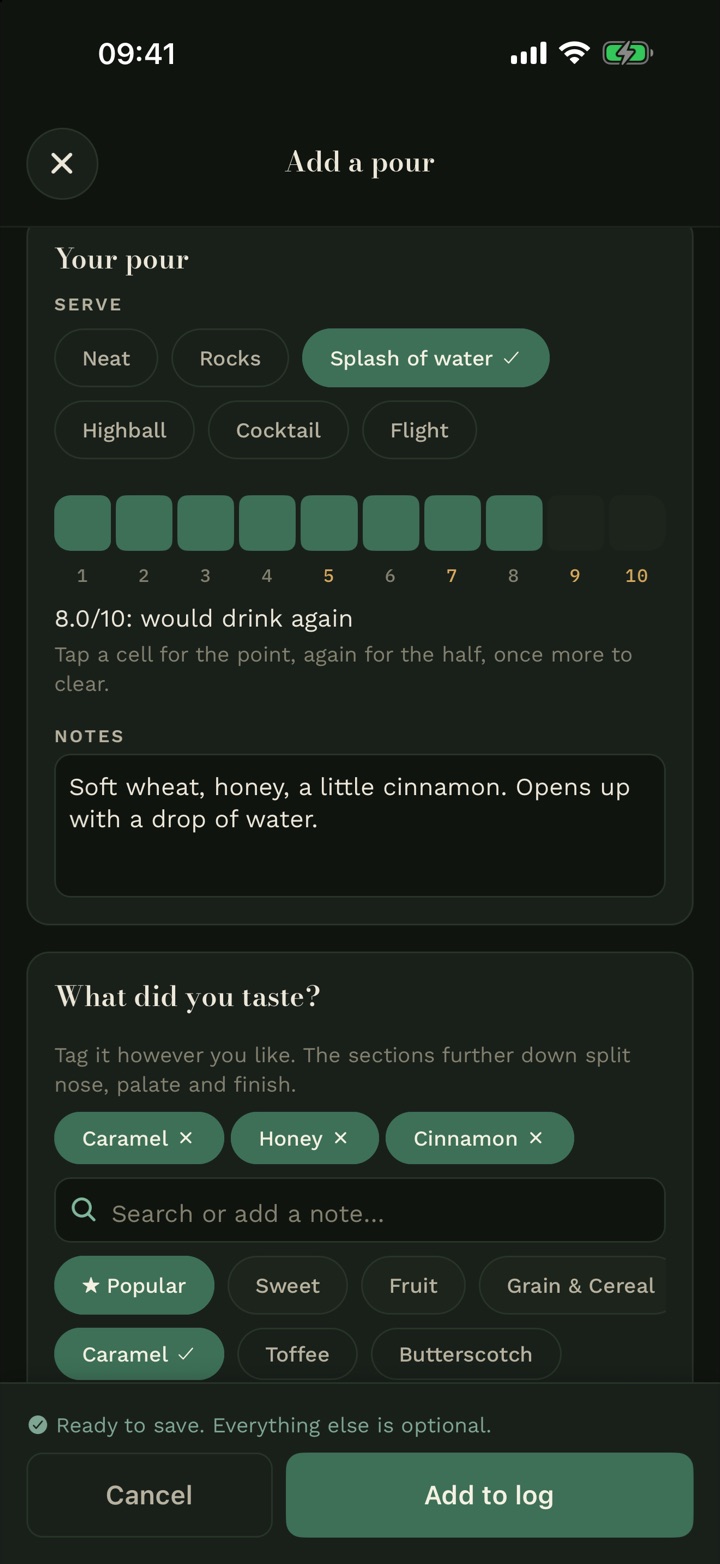Adding a pour in Cask & Note: how it was served, a score out of ten, notes and flavours.