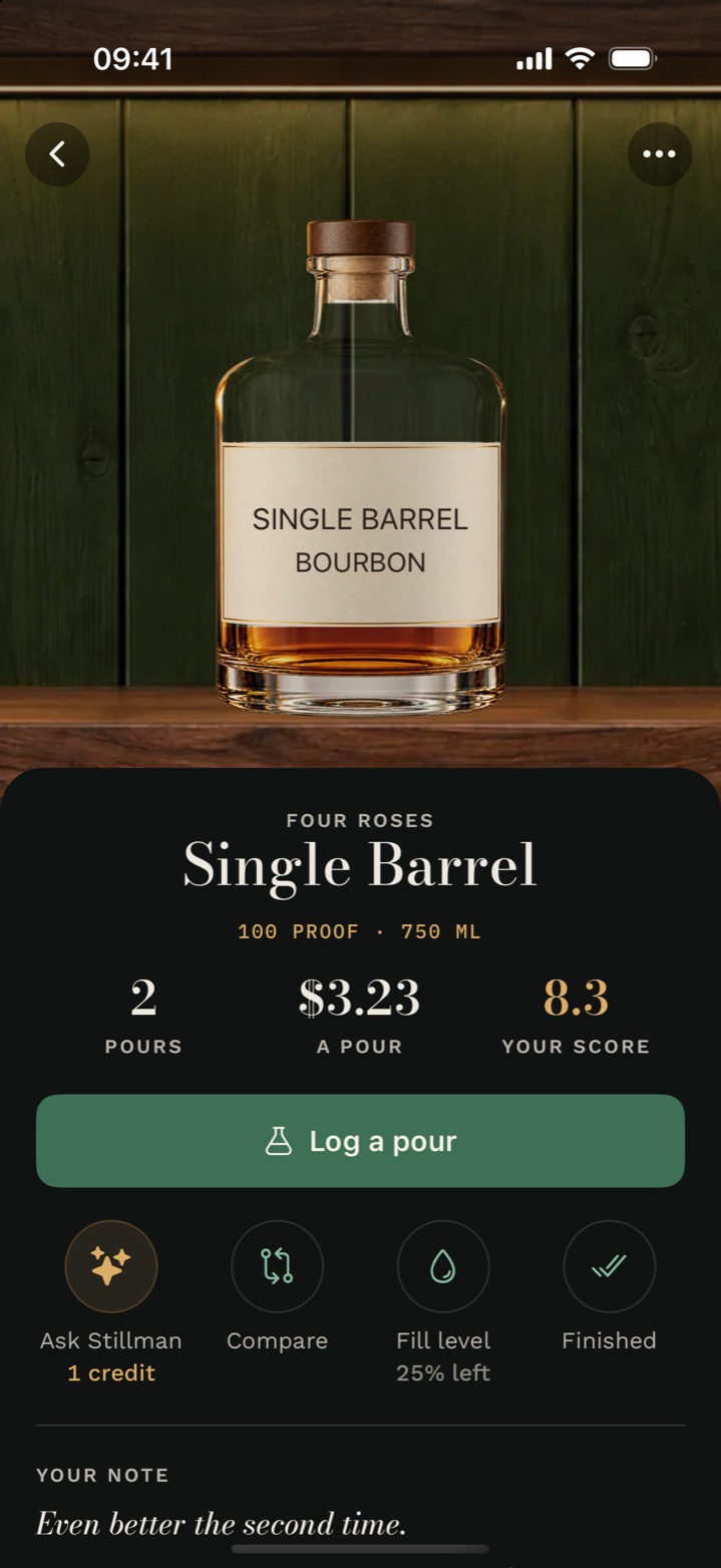 A bottle page in Cask & Note: pours, cost a pour, your score, a Log a pour button and one-tap actions for Stillman, compare, fill level and finished.