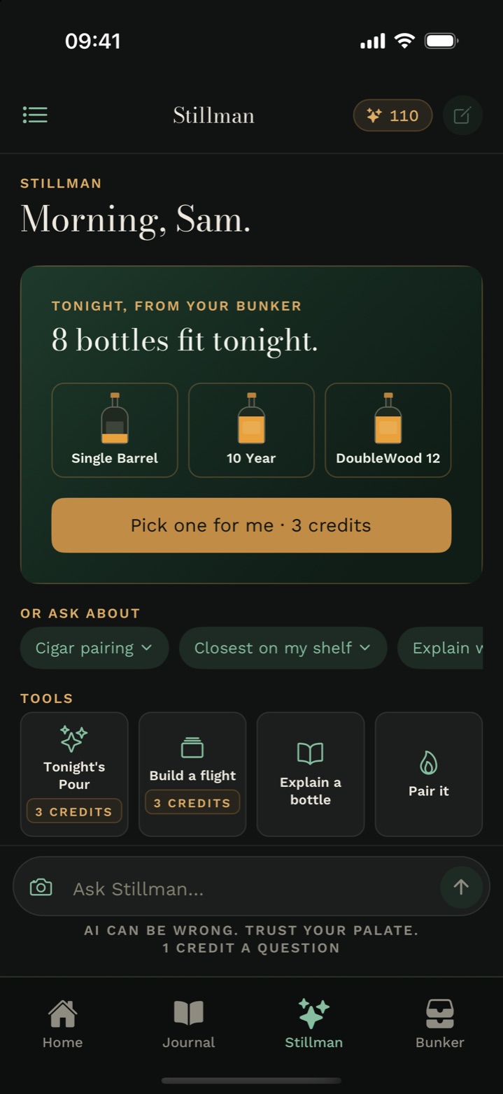 The Stillman tab in Cask & Note: bottles from your Bunker that fit tonight, a Pick one for me button, and tools for a flight, explaining a bottle and pairings.